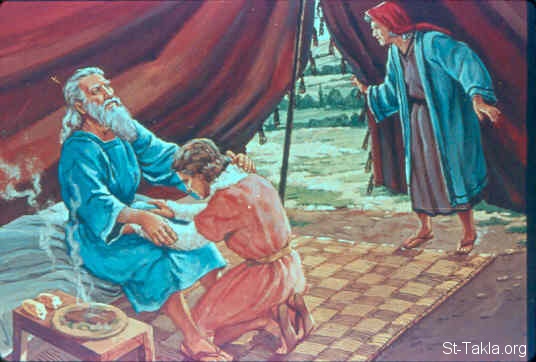 St-Takla.org Image: Isaac blesses Jacob (Genesis 27:21-29) صورة في موقع الأنبا تكلا: اسحق يبارك يعقوب (تكوين 27: 21-29)