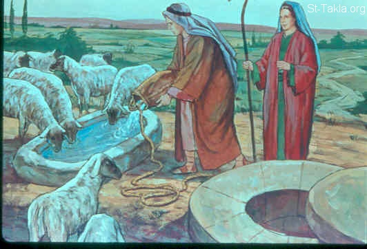 St-Takla.org Image: Jacob meets Rachel (Genesis 29:9-12) صورة في موقع الأنبا تكلا: يعقوب يقابل راحيل (تكوين 29: 9-12)