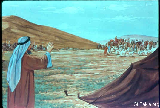 St-Takla.org Image: Laban leaves Jacob (Genesis 31:55) صورة في موقع الأنبا تكلا: رحيل لابان عن يعقوب (تكوين 31: 55)