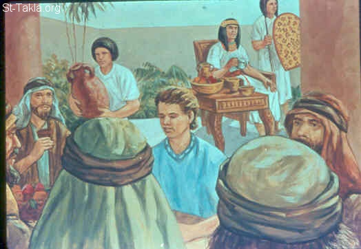 St-Takla.org Image: Joseph's brothers eat with him (Genesis 43:17-34) صورة في موقع الأنبا تكلا: إخوة يوسف يأكلون معه (تكوين 43: 17-34)