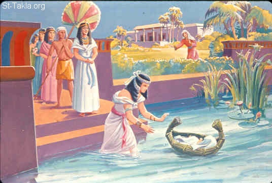 St-Takla.org Image: The daughter of Pharaoh sends her maid to get Moses' ark (Exodus 2:5) صورة في موقع الأنبا تكلا: ابنة فرعون ترسل خادمة لإحضار السبت (خروج 2: 5)