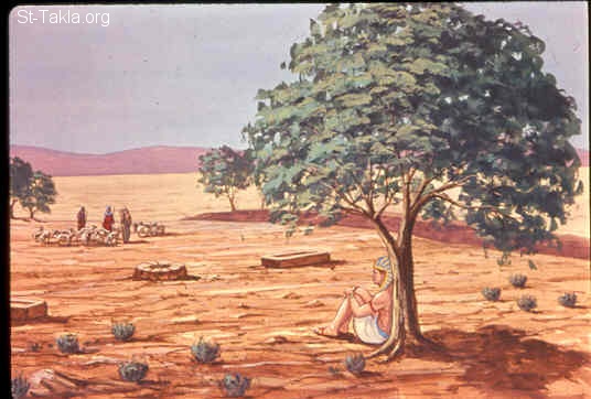 St-Takla.org Image: Moses sat down by a well in Midian (Exodus 2:15) صورة في موقع الأنبا تكلا: موسى يجلس عند بئر مديان (خروج 2: 15)