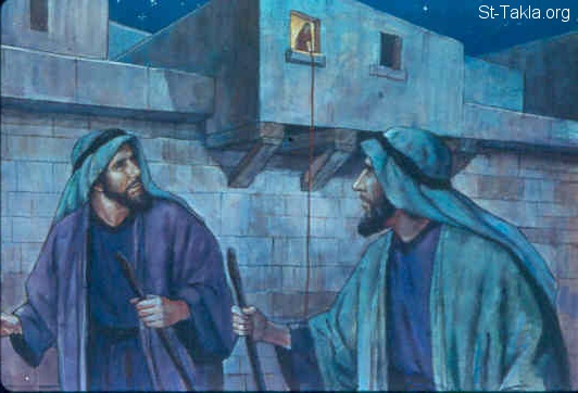 St-Takla.org Image: Rahab helping the spies to flee (Joshua 2:4-22) صورة في موقع الأنبا تكلا: راحاب تساعد الجواسيس على الهرب (يشوع 2: 4-22)