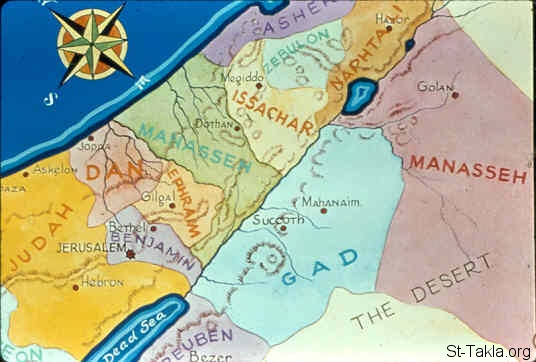 St-Takla.org Image: Map of Manasseh, Judah, Gad, Benjamin (Judges 1:1-36) صورة في موقع الأنبا تكلا: خريطة منسى، يهوذا، جاد، دان، بنيامين (القضاة 1: 1-36)