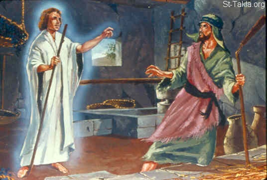 St-Takla.org Image: The Angel of the LORD appears to Gideon (Judges 6:11-12) صورة في موقع الأنبا تكلا: ملاك الرب يظهر لجدعون (القضاة 6: 11-12)