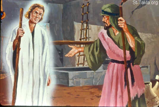 St-Takla.org Image: Gideon asks the angel (Judges 6:13) صورة في موقع الأنبا تكلا: جدعون يسأل الملاك (القضاة 6: 13)