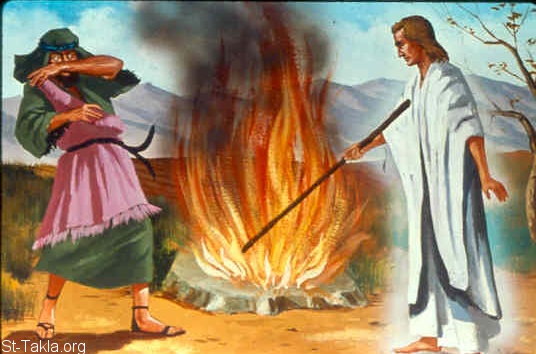 St-Takla.org Image: Then the Angel of the LORD put out the end of the staff that was in His hand, and touched the meat and the unleavened bread (which Gideon had prepared); and fire rose out of the rock and consumed the meat and the unleavened bread. And the Angel of the LORD departed out of his sight (Judges 6:21) صورة في موقع الأنبا تكلا: الطعام يحترق والملاك يختفي (القضاة 6: 21)
