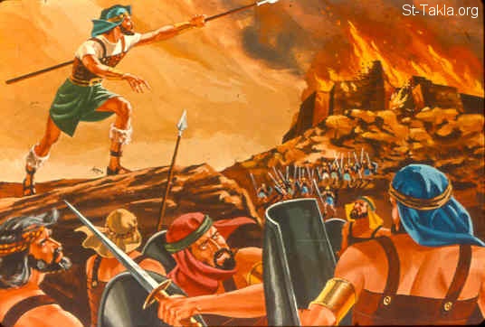 St-Takla.org Image: Burning the tower of Shechem (Judges 9:46-49) صورة في موقع الأنبا تكلا: حرق برج شكيم (القضاة 9: 46-49)