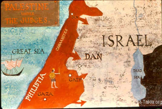 St-Takla.org Image: Map: Palestine under the Judges (Judges 13:1) صورة في موقع الأنبا تكلا: خريطة فلسطين في عصر القضاة (القضاة 13: 1)