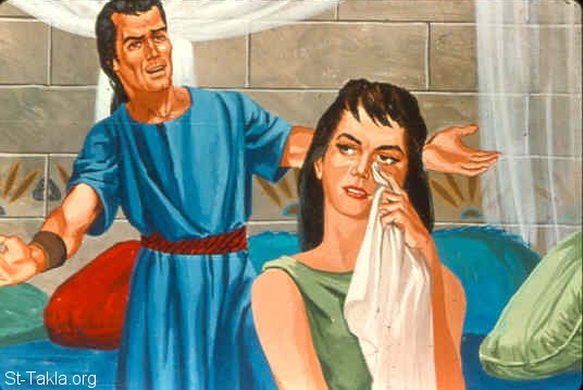 St-Takla.org Image: Samson's wife finds the answer to the riddle (Judges 14:16-17) صورة في موقع الأنبا تكلا: امرأة شمشون تعرف حل الفزورة (القضاة 14: 16-17)