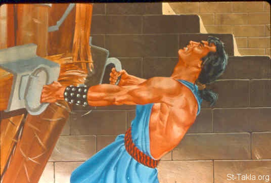 St-Takla.org Image: Samson runs away with the doors of the gate of the city (Judges 16:1-3) صورة في موقع الأنبا تكلا: شمشون يهرب بالأبواب (القضاة 16: 1-3)