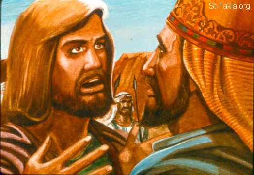 St-Takla.org Image: Now it happened in those days that the Philistines gathered their armies together for war, to fight with Israel. And Achish said to David, "You assuredly know that you will go out with me to battle, you and your men." And David said to Achish, "Surely you know what your servant can do." And Achish said to David, "Therefore I will make you one of my chief guardians forever." (1 Samuel 28:1, 2)  صورة في موقع الأنبا تكلا: داود يتعاون مع أخيش ملك جت (صموئيل الأول 28: 1، 2) 