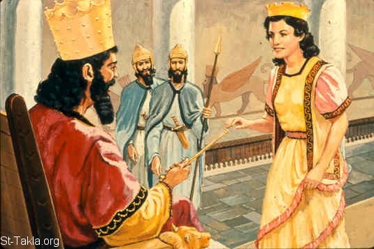 St-Takla.org Image: Esther standing in the inner court of king Ahasuerus' palace (Esther 5:1-5) صورة في موقع الأنبا تكلا: أستير تقف أمام الملك (أستير 5: 1-5)