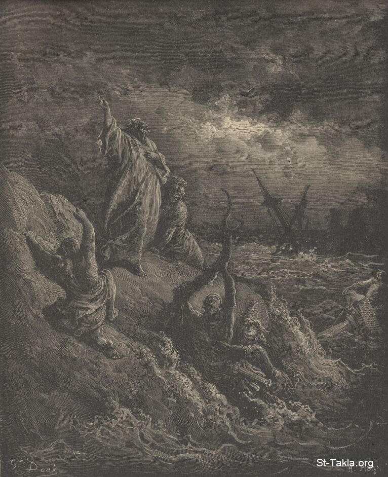 St-Takla.org         Image: Saint Paul's shipwreck, from the Gustave Dore Bible Illustrations صورة: صورة إنكسار السفينة بولس - من صور الإنجيل للفنان جوستاف دوريه