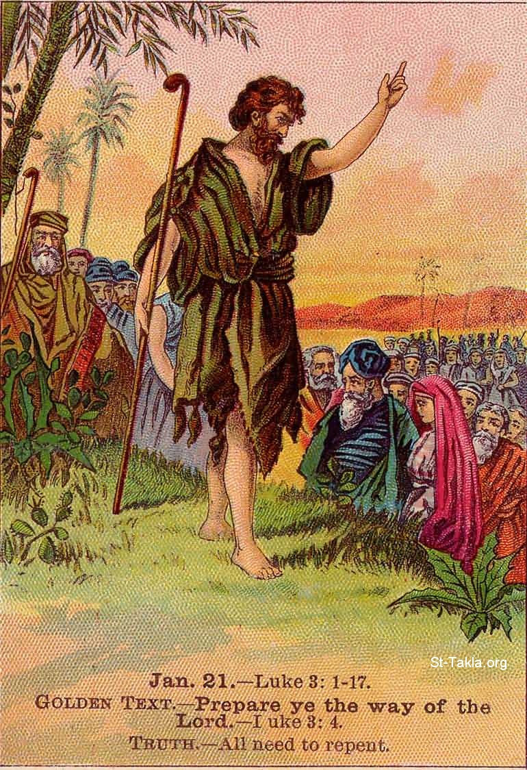 St-Takla.org Image: Jan. 21.  (Luke 3: 1-17): Golden text.  Prepare ye the way of the Lord.  (Luke 3:4). - Truth.  All need to repent. - from Providence Lithograph Company Bible Illustrations صورة في موقع الأنبا تكلا: يناير 21. (لوقا 3: 1-17) - أعدوا طريق الرب. (لوقا 3: 4). - الكل محتاج للتوبة. - من صور الإنجيل من شركة بروفيدينس المطبوعة حجريًا