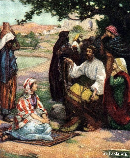 St-Takla.org Image: Lydia hears the good news from Paul - from "Standard Bible Story Readers" book, Lillie A. Faris صورة في موقع الأنبا تكلا: ليديا بائعة الأرجوان تسمع الأخبار السارة من بولس الرسول - من كتاب "قراء قصص الكتاب المقدس الأساسية"، ليلي أ. فارس