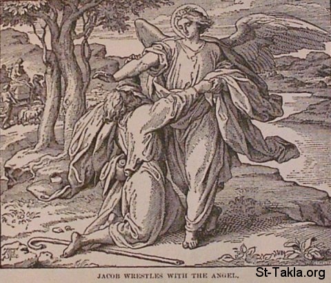 St-Takla.org Image: Jacob wrestles with the Angel صورة في موقع الأنبا تكلا: يعقوب يصارع الملاك - مصارعة يعقوب مع الملاك