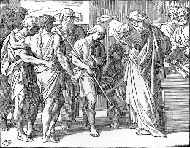 St-Takla.org Image: David anointed by Samuel at Bethlehem (I Samuel 16:11-13) صورة في موقع الأنبا تكلا: صموئيل يرسم داود فى بيت لحم (صموئيل الأول 16: 11-13)