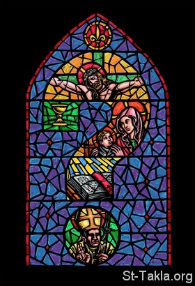 St-Takla.org Image: Question Mark on Stained Glass, with Jesus and Saint Mary صورة في موقع الأنبا تكلا: علامة استفهام على زجاج معشق، مع صورة السيد المسيح والعذراء