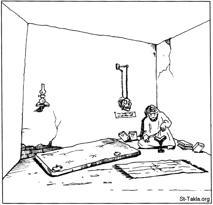 St-Takla.org Image: A Coptic Orthodox monk sitting in his cell، reading and praying صورة في موقع الأنبا تكلا: راهب قبطي أرثوذكسي يقرأ في قلايته ويصلي