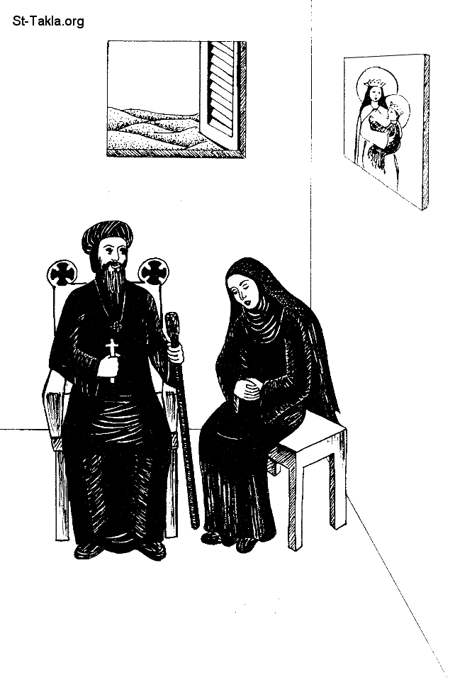 St-Takla.org Image: A Coptic nun confessing to a Bishop by Ghada Maged صورة في موقع الأنبا تكلا: راهبة قبطية تعترف على أسقف، رسم غادة ماجد