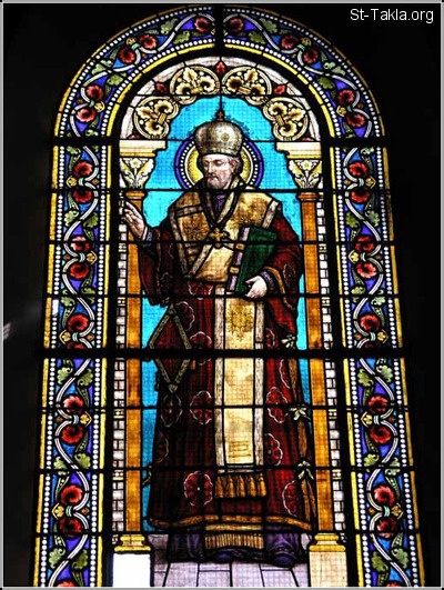 St-Takla.org Image: Saint John Chrysostom, Patriarch of Constantinople, stained glass صورة في موقع الأنبا تكلا: القديس يوحنا ذهبي الفم، بطريرك القسطنطينية، زجاج معشق
