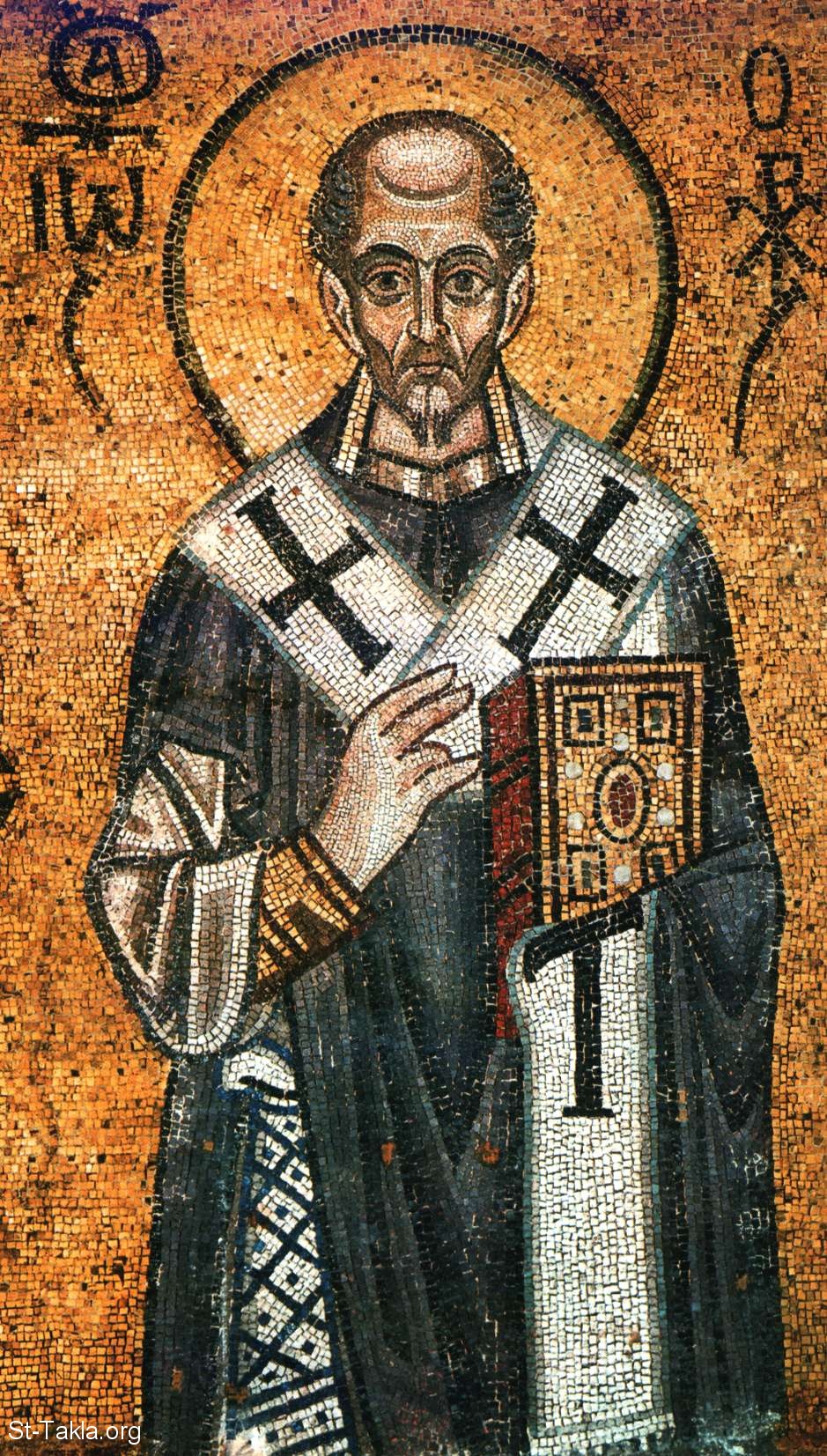 St-Takla.org Image: Saint John Chrysostom ancient fresco mosaic صورة في موقع الأنبا تكلا: لوحة فسيفساء فريسكو تصور القديس يوحنا ذهبي الفم