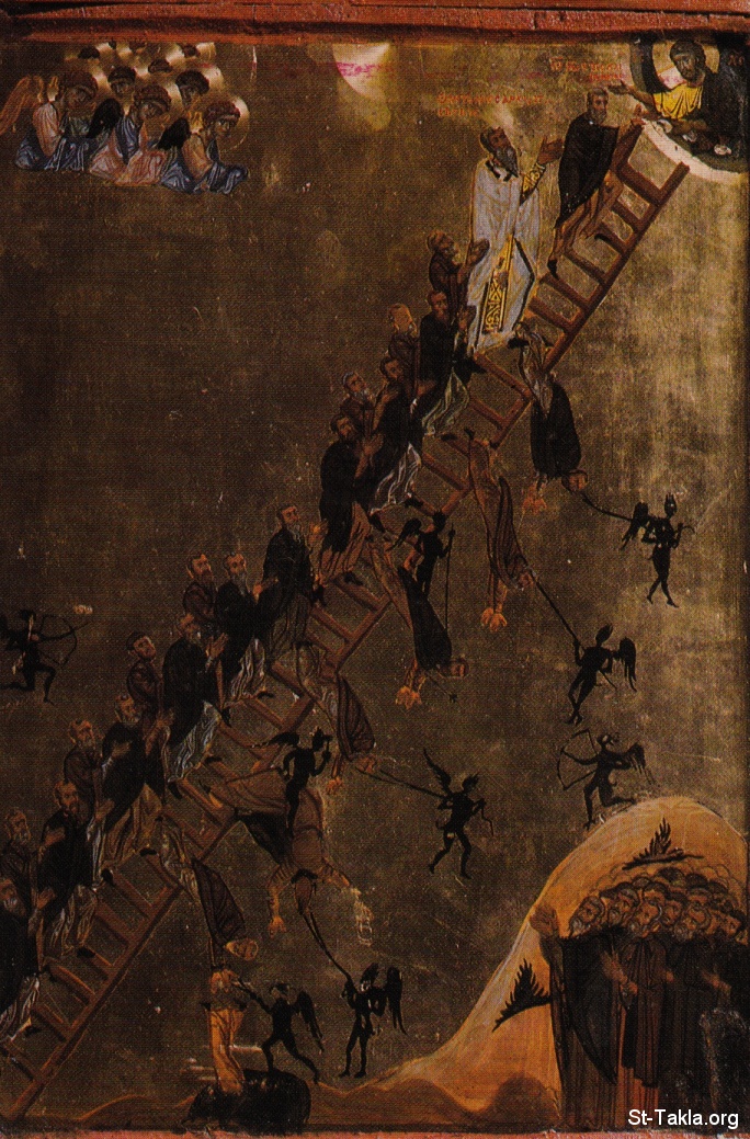 St-Takla.org         Image: Ancient icon of the Ladder of Divine Ascent، the Heaven's Ladder صورة: أيقونة أثرية بعنوان سلم السماء، أو السلم إلى الله