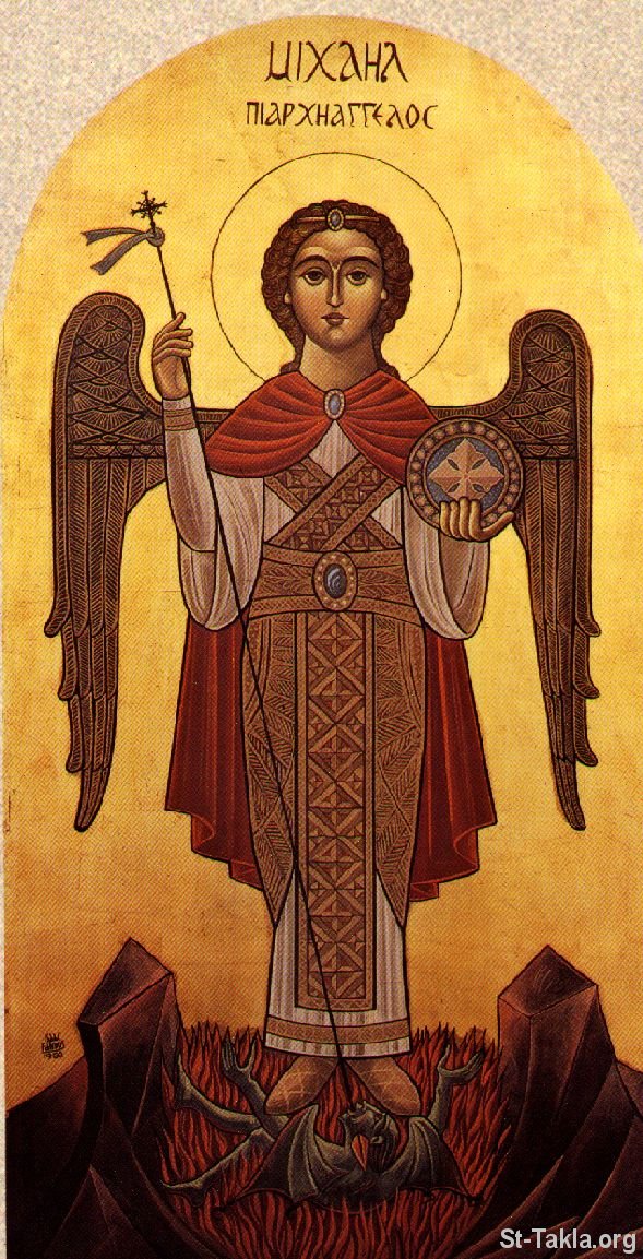 St-Takla.org Image: Modern Coptic icon of Archangel Michael صورة في موقع الأنبا تكلا: أيقونة قبطية حديثة تصور ميخائيل رئيس الملائكة