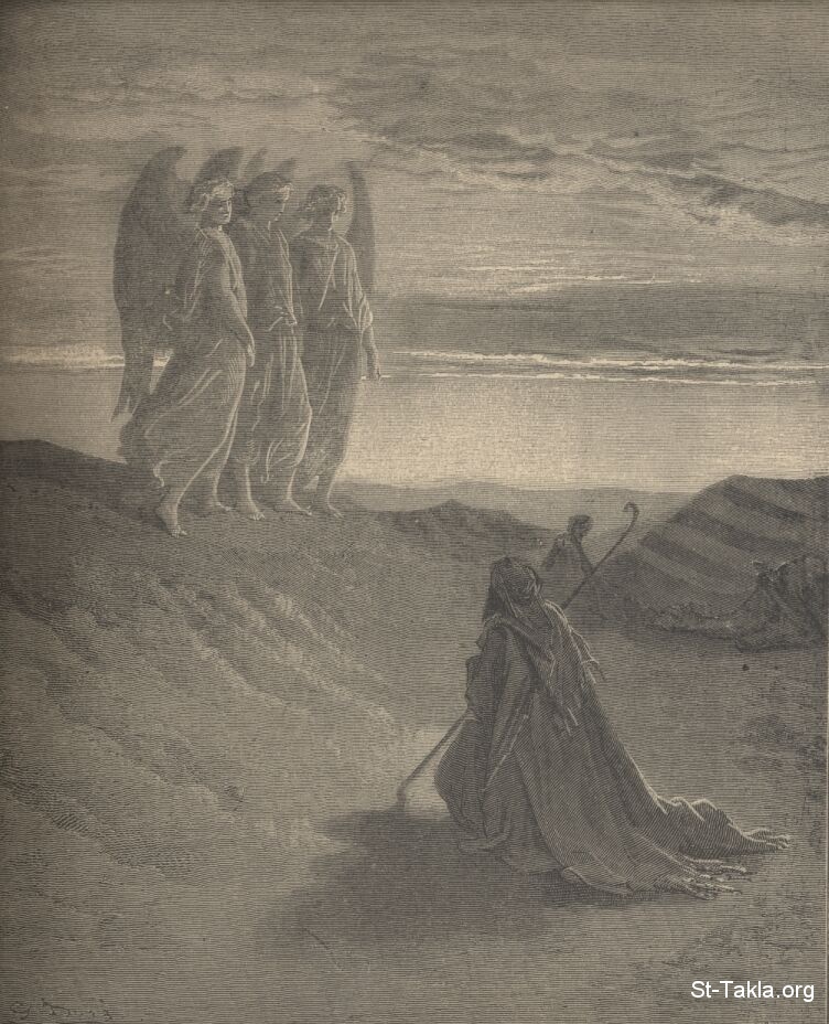 St-Takla.org         Image: Abraham entertains three strangers by Gustave Dore صورة: أبراهيم يستضيف الثلاثة الغرباء للفنان جوستاف دورة