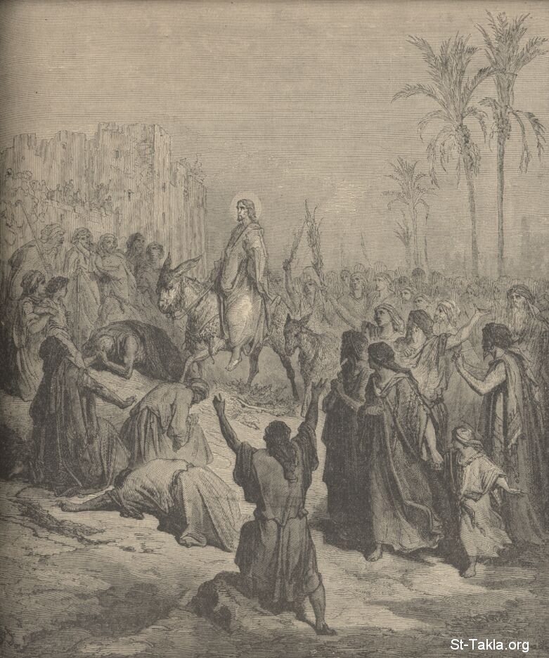 St-Takla.org Image: Jesus Christ Entering Jerusalem by Gustave Dore صورة في موقع الأنبا تكلا: المسيح يدخل أورشليم - الفنان جوستاف دوريه