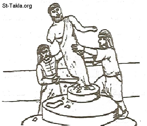 St-Takla.org           Image: Priests destroying an idol during the purification of the temple صورة: الكهنة يحطمون الصنم عند تطهير الهيكل (1 مكا 1: 43؛ 4: 43)