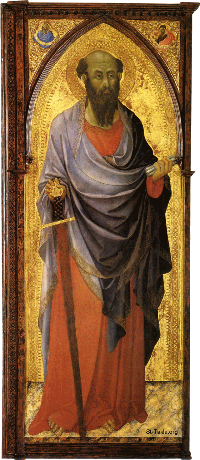 St-Takla.org         Image: Saint Paul, ancient icon by Bartolomeo Bulgarini (1350-70) صورة: أيقونة أثرية تصور القديس بولس الرسول، رسم الفنان بارتولوميو بولجاريني (1350-70)