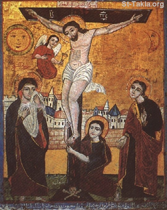 St-Takla.org Image: An ancient Coptic icon of Jesus Christ on the holy Cross صورة في موقع الأنبا تكلا: صورة قبطية أثرية بها السيد المسيح على الصليب