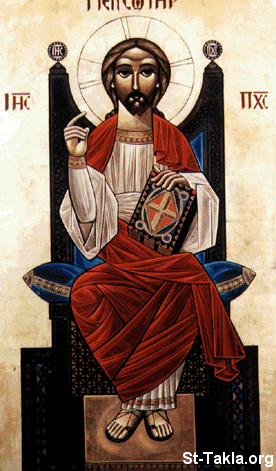 St-Takla.org Image: Jesus Christ Pantokrator Our King, modern Coptic icon صورة في موقع الأنبا تكلا: السيد المسيح ملكنا ضابط الكل، أيقونة قبطية حديثة