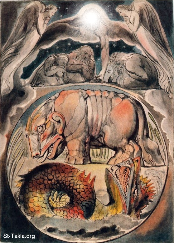 St-Takla.org         Image: William Blake - Illustrations to the Book of Job, object 15 (Butlin 550.15) "Behemoth and Leviathan" صورة: من الصور الإيضاحية في سفر أيوب - من رسم الفنان ويليام بليك - بهيموث ولوياثان