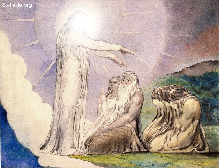 St-Takla.org         Image: William Blake - Illustrations to the Book of Job, object 17 (Butlin 550.17) "The Vision of Christ" من الصور الإيضاحية في سفر أيوب - من رسم الفنان ويليام بليك - صورة: رؤيا وظهور المسيح