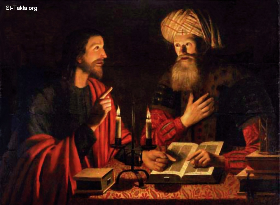 St-Takla.org         Image: Painting: Christ Instructing Nicodemus, Crijn Hendricksz, 1604 صورة: لوحة السيد المسيح يعلم نيقو ديموس، رسم الفنان كرين هيندريكس