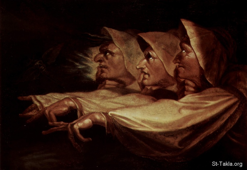 St-Takla.org         Image: Johann Heinrich Fussli - The Three Witches - 1783 صورة: لوحة للفنان يوهان هينريش فوسيلي - الساحرات الثلاثة - 1783