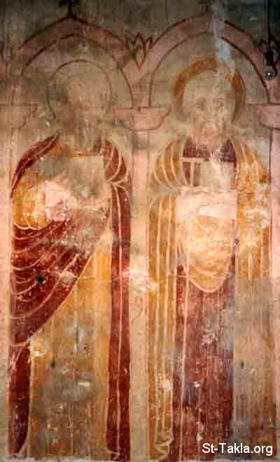 St-Takla.org Image: Ancient Coptic fresco of Saint Abeeb (right) and Saint Misael the Anchorite, St. Makarios Monastery, Egypt     :       ()   ͡   ѡ 