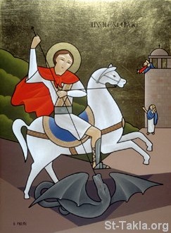 St-Takla.org Image: Saint George fighting the Devil صورة في موقع الأنبا تكلا: الشهيد مارجرجس يحارب إبليس