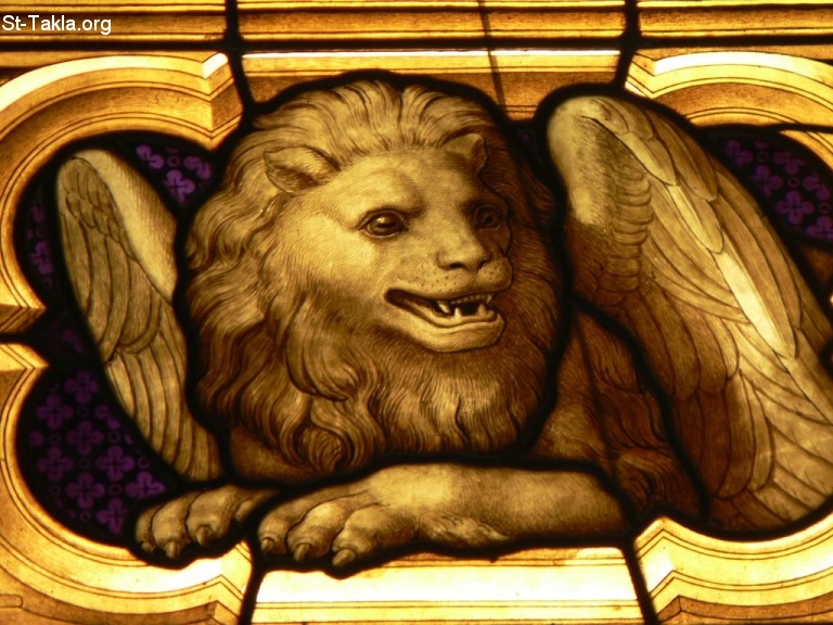 St-Takla.org         Image:  Symbol of St. Mark the Evangelist in a modern stained glass window, south nave aisle. - Cologne Cathedral (Kölner Dom), Germany :     ϡ           