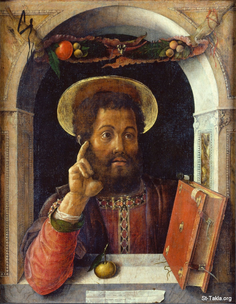 St-Takla.org         Image: Andrea Mantegna - 087 Hl. Markus, Evangelist - 1450 - Tempera on canvas - Frankfurt am Main صورة: لوحة للفنان أندريا مانتيجنا، 1450، لوحة زيتية على القماش، متحف فرانكفورت آم مين