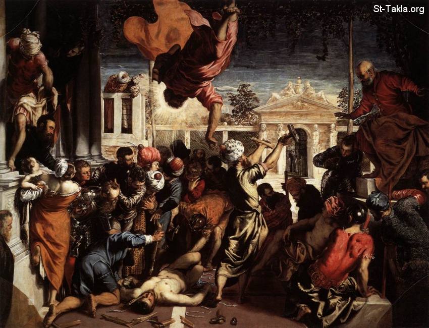 St-Takla.org         Image: Tintoretto - The Miracle of St Mark Freeing the Slave - 1548 - Oil on canvas, 415 x 541 cm - Gallerie dell'Accademia, Venice صورة: لوحة للفنان تينتوريتتو سنة 1548 تصور معجزة تحرير العبد، زيت على قماش بمقاس 415×541، في متحف ديلاكاديميا، البندقية