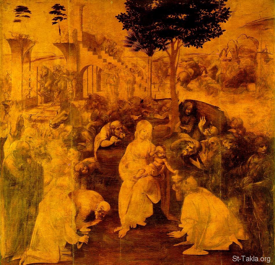 St-Takla.org Image: Adoration of the Magi by Leonardo da Vinci (1452-1519) صورة في موقع الأنبا تكلا: عبادة المجوس ليسوع - الفنان ليوناردو دا فينشي - 1452-1519