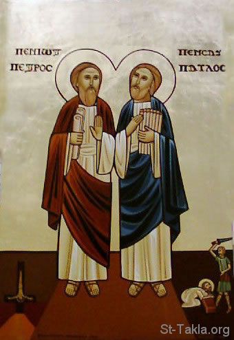 St-Takla.org         Image: Modern Coptic icon of St. Peter and St. Paul صورة: أيقونة قبطية حديثة تصور القديسان بطرس و بولس